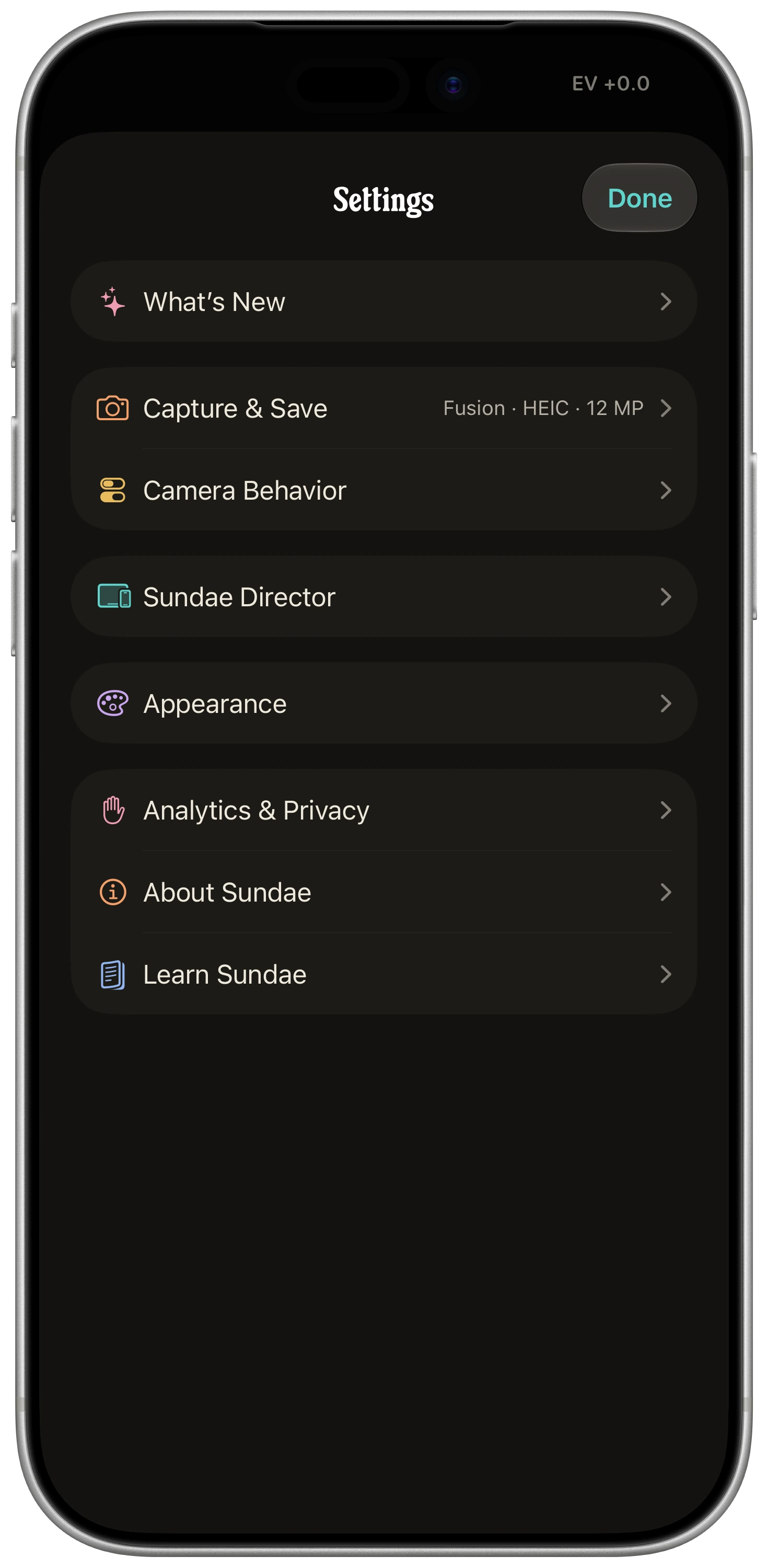 Sundae Settings directory on a silver iPhone 17 Pro Max, with Learn Sundae visible near the bottom.