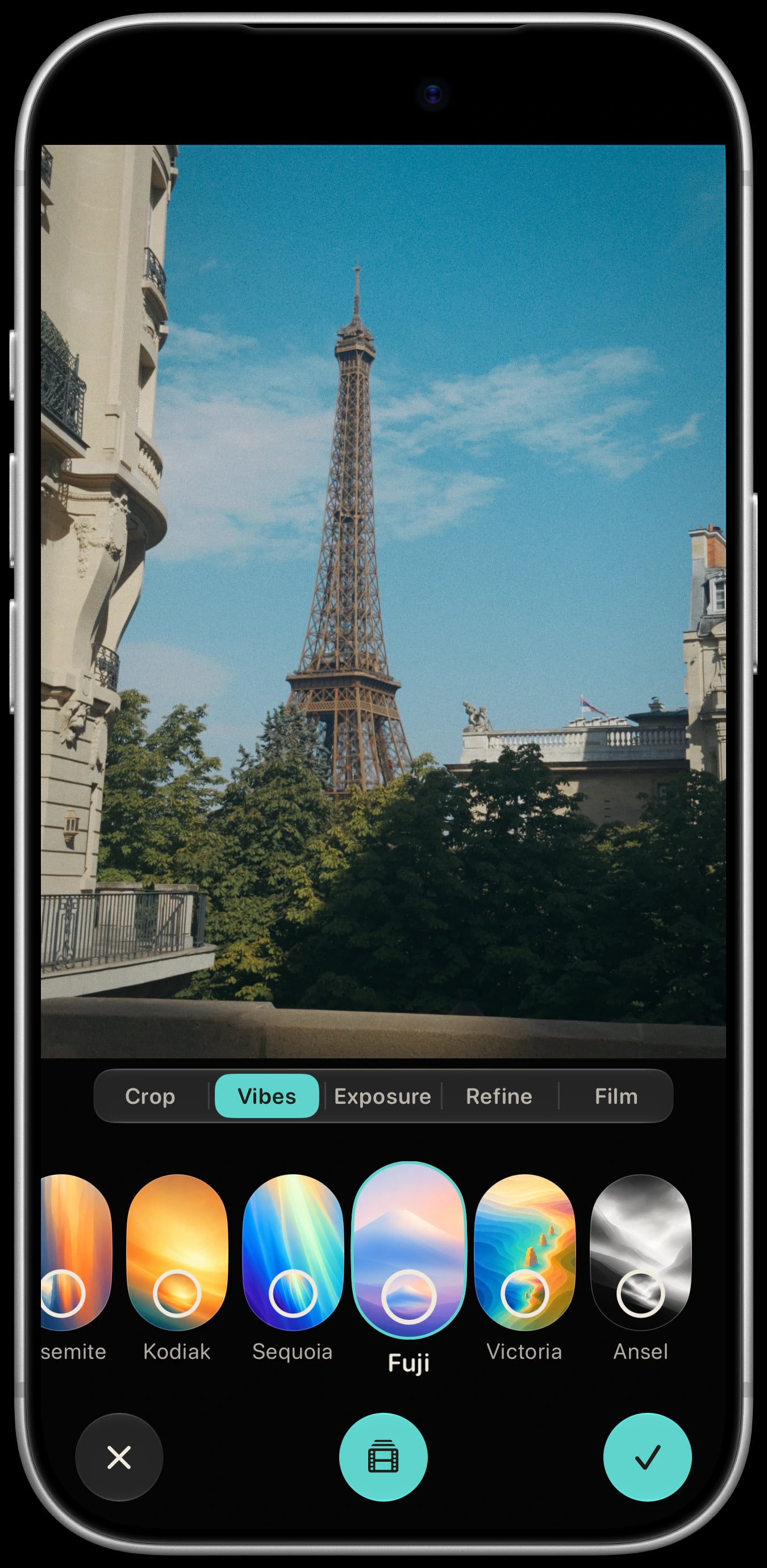Sundae Lab on a silver iPhone 18 Pro, with Fuji selected in the Vibes editor for an Eiffel Tower RAW photo.