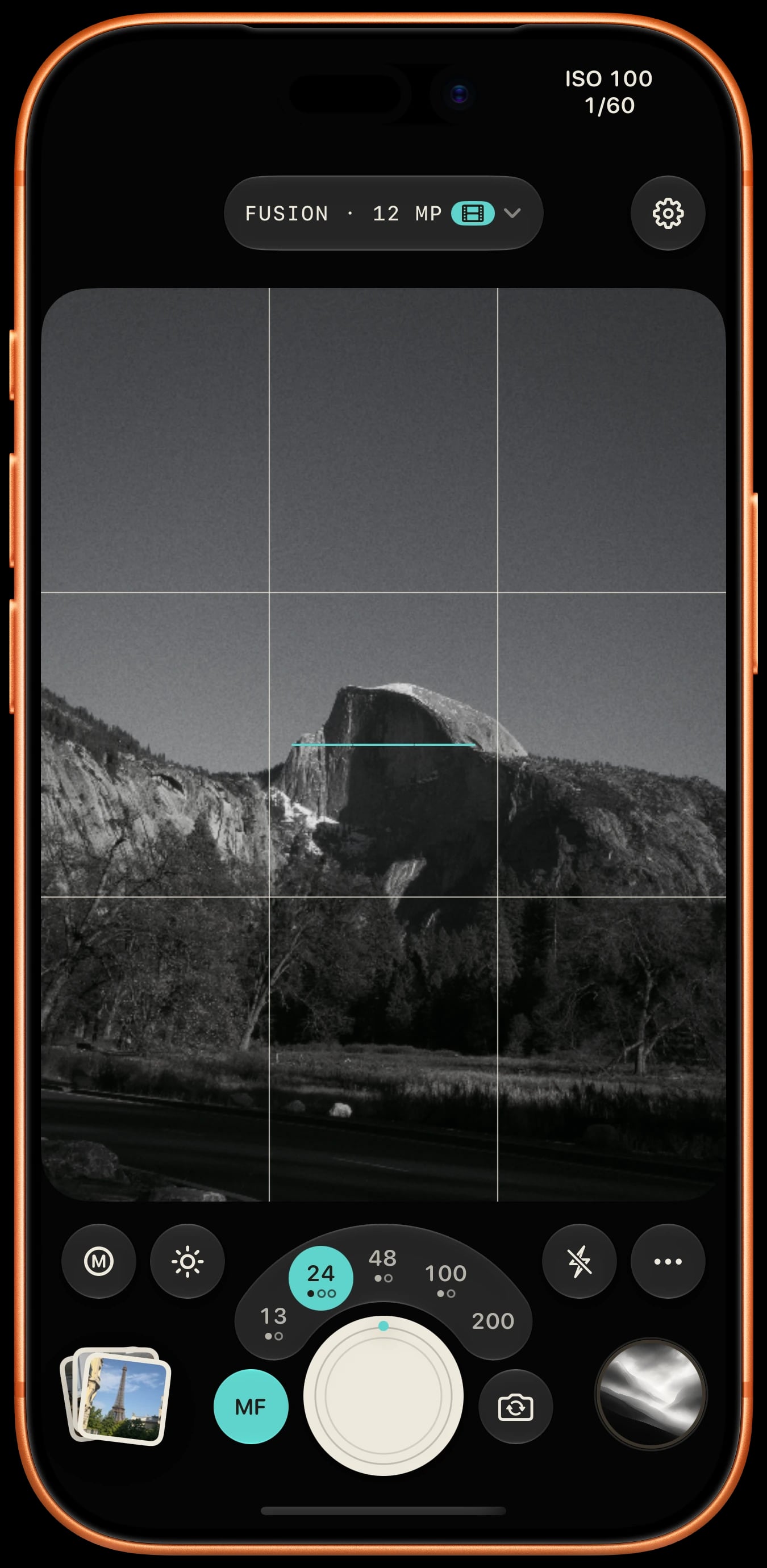 Sundae camera on a cosmic orange iPhone 17 Pro, showing manual exposure at ISO 100 and 1/60 second.