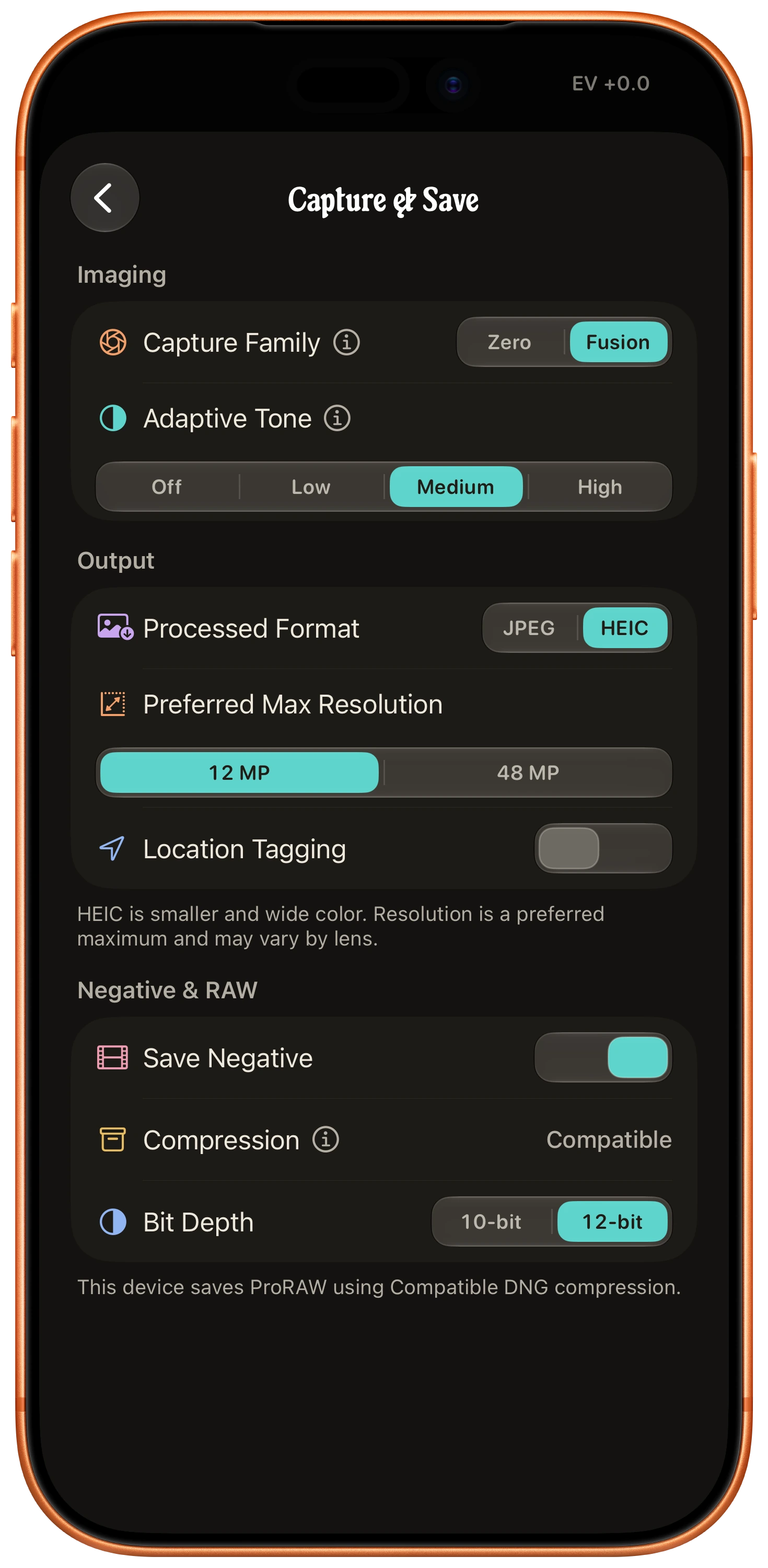 Sundae Capture and Save settings on a cosmic orange iPhone 17 Pro Max, with Fusion, HEIC, 12 MP, Adaptive Tone Medium, and Save Negative on.