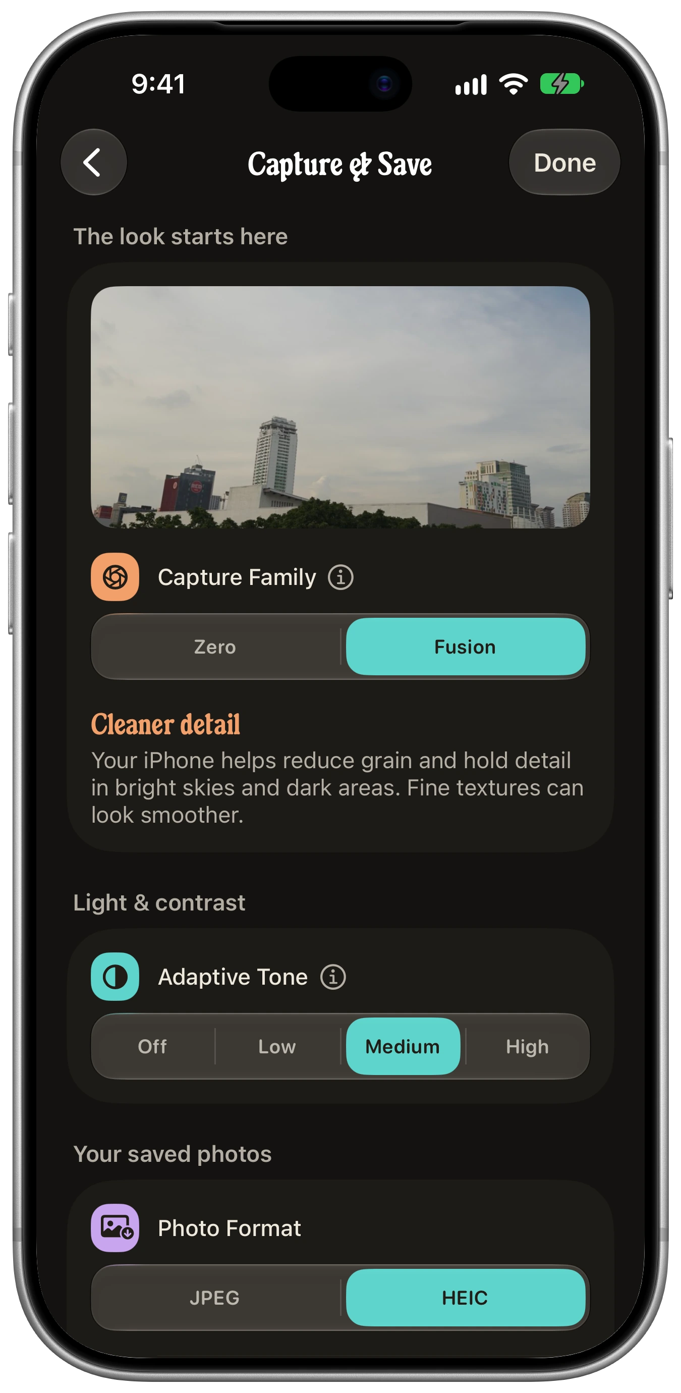Sundae Capture & Save settings on a silver iPhone 18 Pro, with Fusion, Adaptive Tone Medium, and HEIC selected.